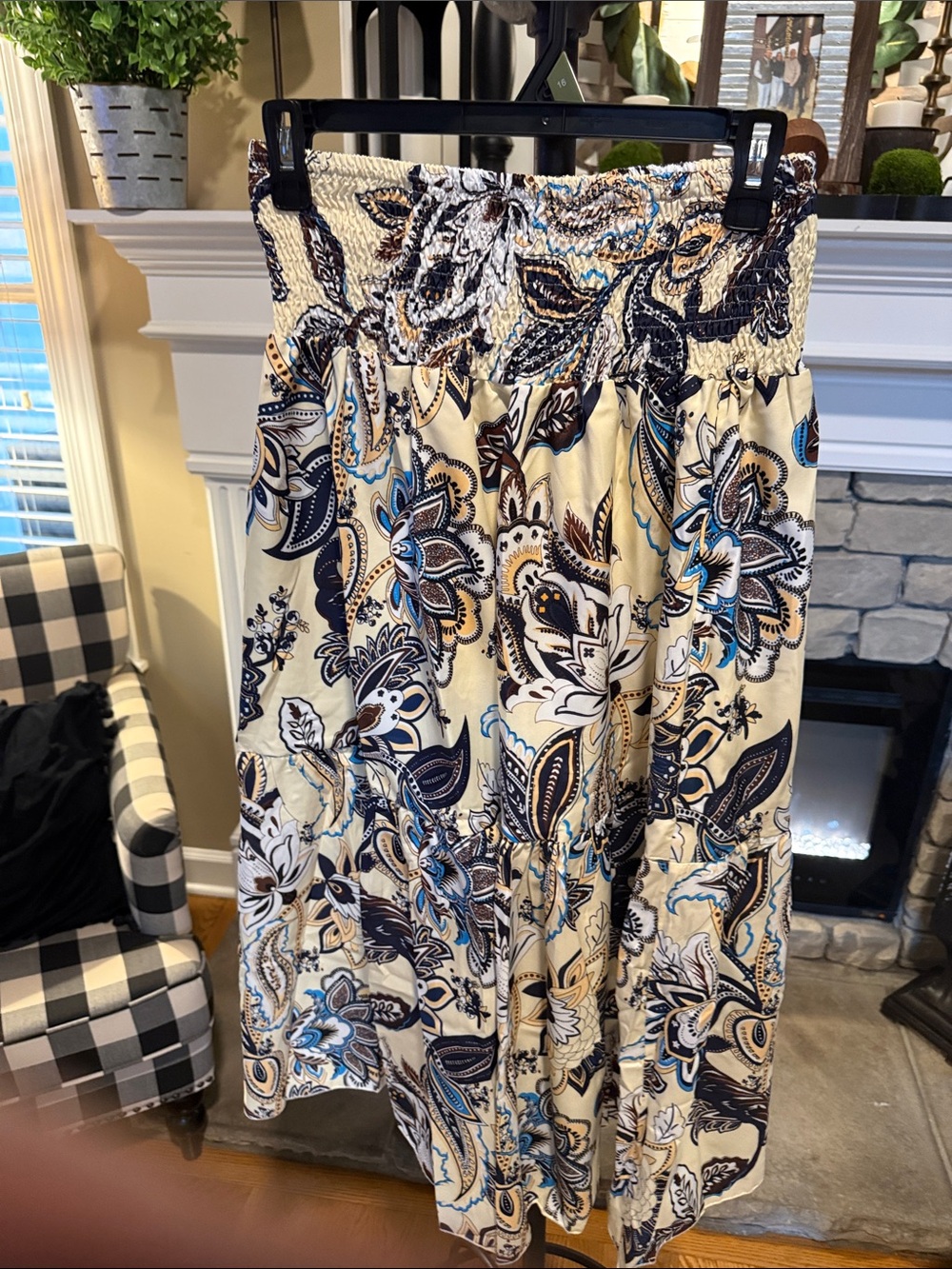 Smocked Waist Floral Midi Skirt in Cream, Navy & Sky Blue